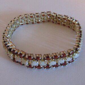 3 Row Oval Cut Garnet & Opal TENNIS BRACELET Sterling Silver 925 Hidden Clasp
